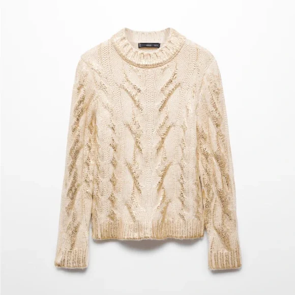 NWT Mango Gold Foil Embellished Crew Neck Cable Knit Sweater M - Picture 2 of 8